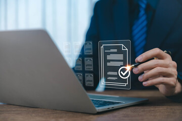 Show document management system on laptop. Managing corporate file information, document work...