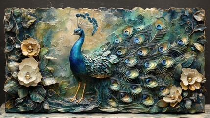 A magnificent peacock in its natural habitat shows off its vivid blue - green plumage with complex patterns and raised open tail, presenting a full view of its unique colorful eyespots under daylight,