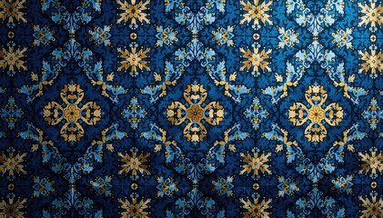 Geometric tapestry wallpaper with bold, repeating motif in deep blues and golds, clean, structure, repeating