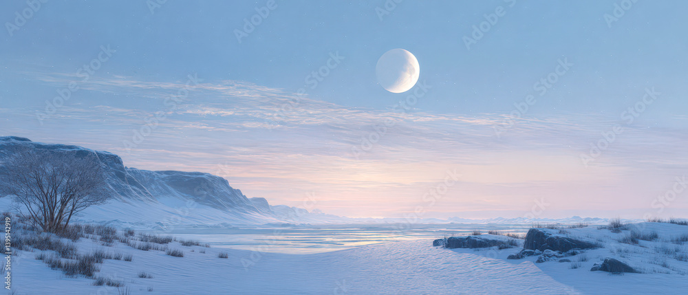 Wall mural a large moon is in the sky above a snowy beach