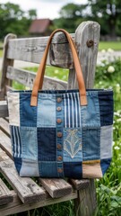 Handcrafted patchwork tote bag displayed on rustic bench in a green outdoor setting with flowers blooming around