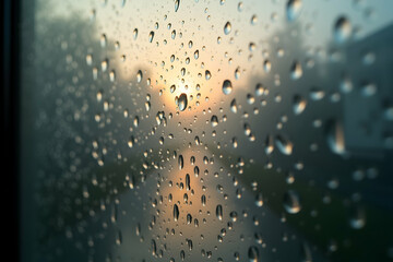 Raindrops on Glass, A Captivating Close-Up Capturing Serenity and Reflections of a Golden Hued Sunset Through a Window, Evoking Calmness and Introspection