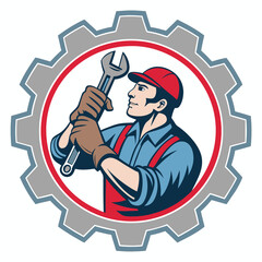 Create a vector illustration of a cool mechanic, powerfully built, holding a wrench, using bold, striking strokes and a vibrant color palette.