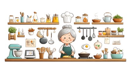 Thai grandma cooking for songkran festival kitchen cartoon cozy joyful