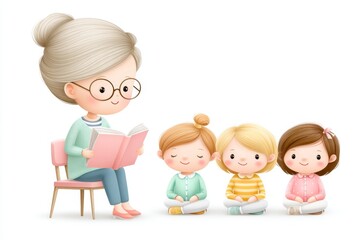 A flat 2D illustration of a teacher reading a book aloud with children sitting around, white background