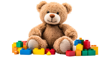 Colorful Toy Bear with Building Blocks and Toys on Transparent Background for Creative Designers