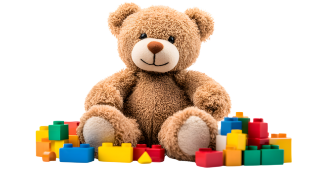 Colorful Toy Bear with Building Blocks and Toys on Transparent Background for Creative Designers - Powered by Adobe