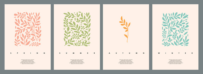 Four seasons floral banner designs with leaves and branches. Vector cover backdrops set. Nature and botany pattern representing spring, summer, autumn and winter.