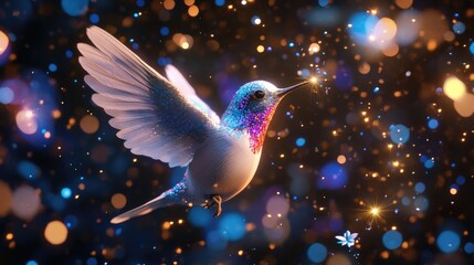 Obraz premium Sparkling Colorful Hummingbird with Glitter and Bokeh Effects