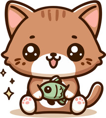 Cute Brown Kitten Holding a Fish - Simple Cartoon Illustration