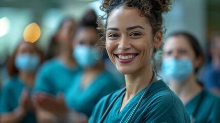 Obraz premium Nurse receiving recognition award hospital coworkers clapping copy space on the right side