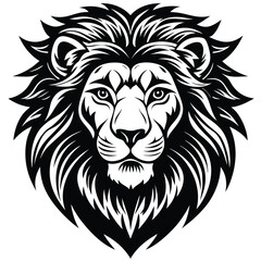 Obraz premium Black and white vector lion head illustration, shield shape, bold lines, for logo or icon, isolated on transparent background, png