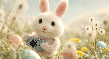 Bunny's Photographic Adventure: A cute white bunny, camera in paw, explores the field, embodying springtime freshness and the whimsical spirit of the season.