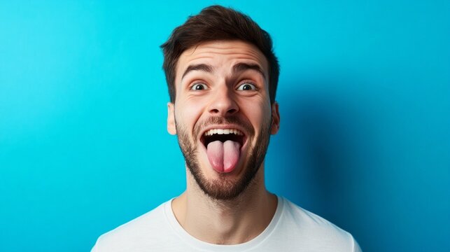 A young man expresses his playful side by teasingly sticking his tongue out, showcasing a bright smile. The striking blue backdrop enhances the lighthearted vibe of the moment, embodying carefree joy
