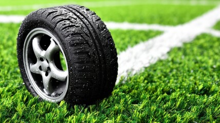 Wet Tire on Green Grass Field with White Lines Automotive Component