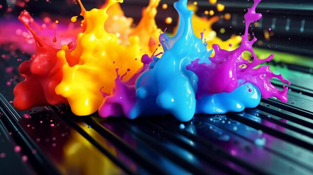 Magenta, cyan, and yellow inks splash and mix together in front of a showcasing printer, the printing process video 4k