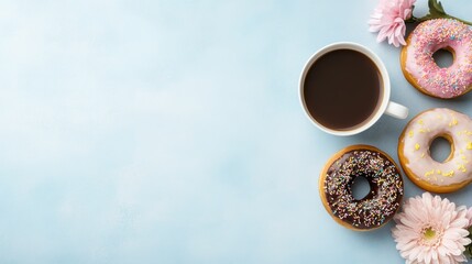 food styling, top view of a festive national donut day brunch spread featuring various gourmet donuts, coffee, flowers, and decorative napkins