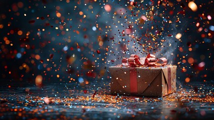 Open gift box confetti explosion on black background copy space on the right side