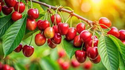Obraz premium Fresh whole cherry branch with vibrant red cherries and green leaves , garden, fresh, garden