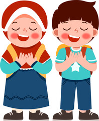 Joyful Muslim Girl and Boy with Backpacks Praying Together