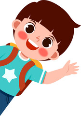 Happy Boy with Backpack Waving Hello, Cartoon Illustration