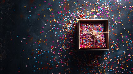 Open gift box confetti explosion on black background copy space on the right side