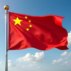 Chinese flag waving against a clear blue sky with clouds during daylight, symbolizing national pride and identity