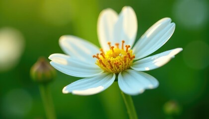 Glistening dewdrop on pristine white wildflower, clean, petals