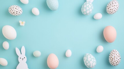 Easter holiday background featuring soft pastel blue, white, and yellow decorated eggs with playful bunny ears design on the left side, ideal for festive spring celebrations, 