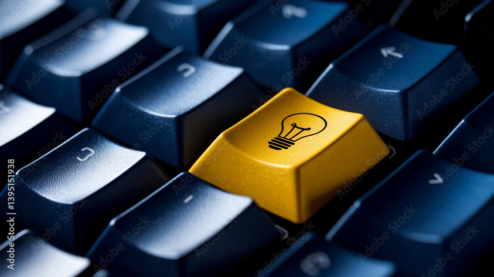 Fototapete close-up of yellow keyboard key with lightbulb icon, surrounded by dark-blue keys, symbolizing digit
