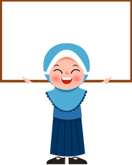Joyful Girl in Hijab Holding Blank Signboard