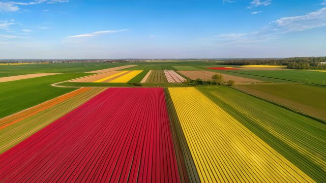 Vivid Tulip Fields Stretch Across the Landscape Under a Bright Blue Sky in an Aerial View