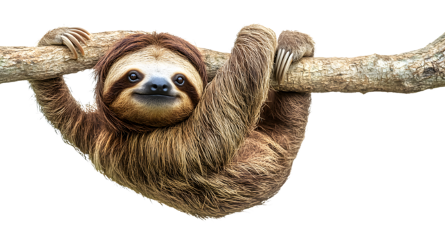 Cute Sloth Hanging on Tree Branch - White Background Isolated Wildlife Photography