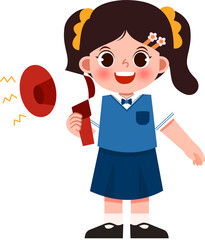 Cheerful Schoolgirl with Megaphone, Announcing Good News, Cartoon Illustration