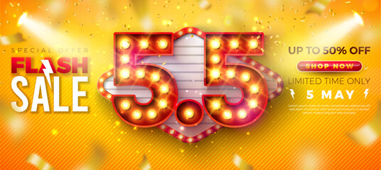 5 May Shopping Day Flash Sale Design with 3d 5.5 Light Bulb Billboard Number and Falling Confetti on Yellow Background. Vector Special Offer 50 Percent Off Campaign Discount Illustration for Coupon
