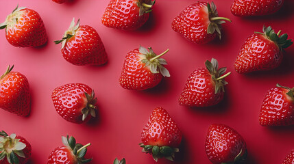 Background with fresh ripe strawberries arranged in pattern on rustic wooden background, ideal for summer recipes, seasonal food themes, fruit packaging, healthy eating promotions, kitchen decor