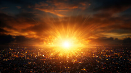 breathtaking sunset illuminates city skyline, casting warm glow over buildings and creating dramatic atmosphere