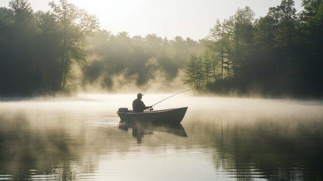 A solitary angler casts a line from a boat on a misty lake, enveloped in early morning stillness and tranquility.
