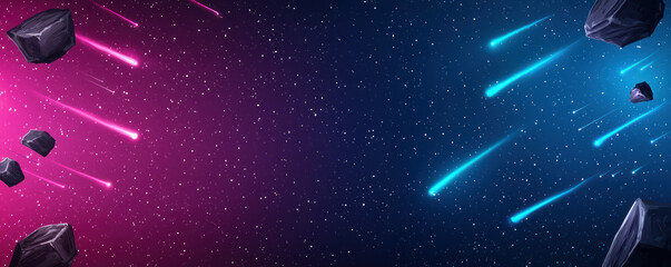 Vibrant cosmic background featuring shooting stars and asteroids, creating dynamic and energetic atmosphere