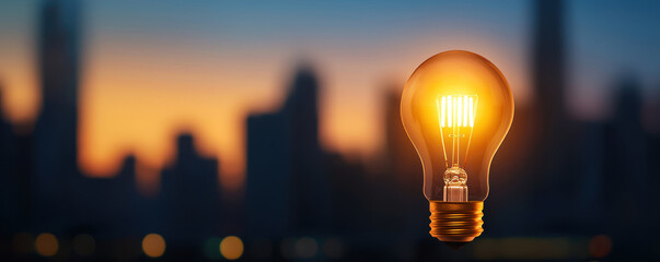 glowing light bulb stands out against blurred city skyline at sunset, creating warm and inviting atmosphere