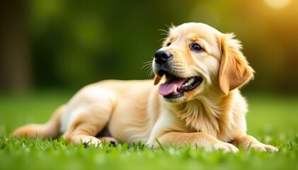 Golden retriever puppy lies down, looking playful , adorable, puppy, isolated