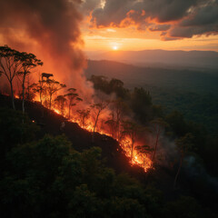 dramatic sunset illuminates forest fire, with flames consuming trees and smoke rising into sky, creating striking contrast