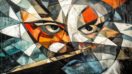 Abstract geometric animal face with sharp angles and contrasting colors.