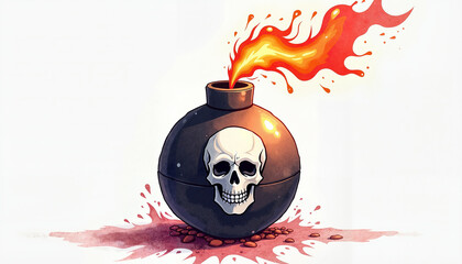 Cartoon bomb with lit fuse, scattered debris and fiery spark