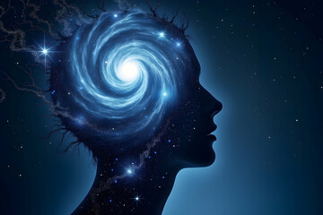 Obraz premium Silhouette of a Human Head Filled with a Galaxy, Exploring the Depths of the Mind and Universe, a Symbolic Representation of Knowledge and Thought