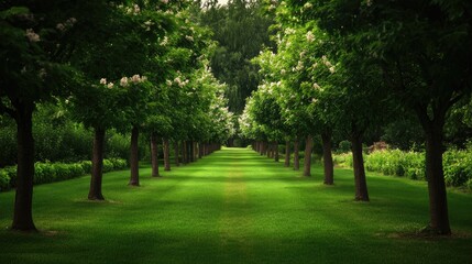 Obraz premium Lush Green Pathway with Symmetrical Trees Under Soft Natural Light