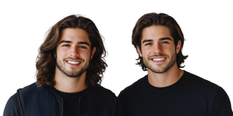 Two handsome men with dark hair, one with long wavy locks and the other with short styled hair, smiling confidently, isolated on transparent background