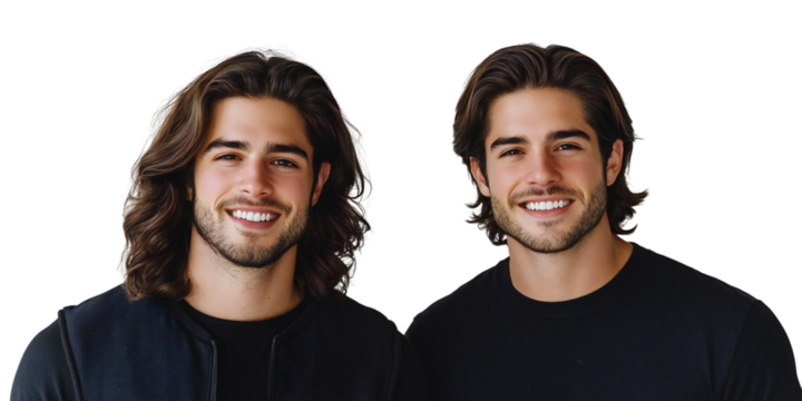 Two handsome men with dark hair, one with long wavy locks and the other with short styled hair, smiling confidently, isolated on transparent background