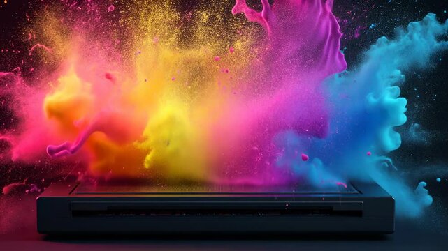 Vibrant ink splattering from white printer, representing digital printing process plashes of colorful paint concept. Think differently and work process, creative idea copy space for text video 4k