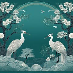 Naklejka premium creative border frame of Japanese patterns with crane birds, bonsai trees, cherry blossom flowers background, graphic resource